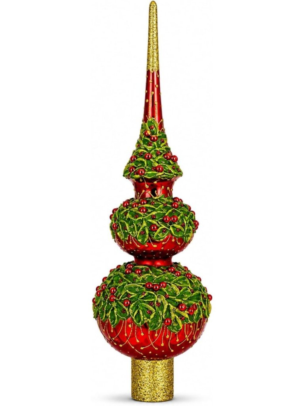 Red Pearls Poinsettia on Glossy Red Glass Christmas Tree Topper 16 Inches